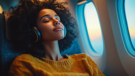 Relaxed woman in airplane seat wearing headphones, listening to music and resting during long flight.の素材