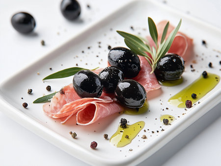 Artistic arrangement of black olives, cured meats, and fresh herbs on a white plate, highlighting gourmet food presentation and culinary artistryの素材