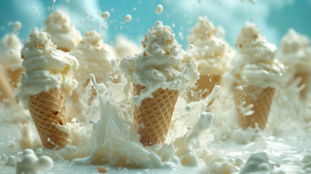 Ice cream cones with whipped cream are splashing in milk, creating a fun and vibrant scene, evoking feelings of joy and indulgence in summer treatsの素材