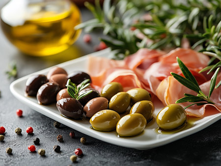 A variety of olives displayed on a plate with prosciutto and fresh herbs, creating an appealing culinary scene with olive oil enhancing the ambianceの素材