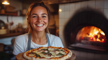 Happy female chef presents freshly baked pizza in a cozy kitchen, with a glowing wood-fired oven behind, highlighting the art of cooking and food enjoymentの素材
