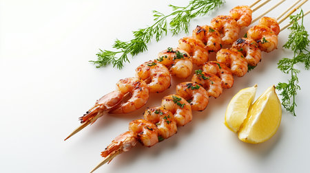 Shrimp skewers grilled to perfection, garnished with fresh herbs and lemon slices, ideal for outdoor dining, barbecues, and culinary showcasesの素材