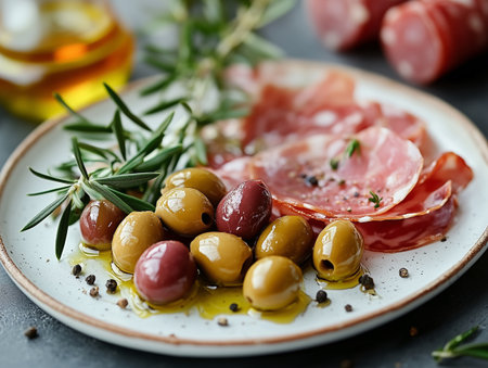 A plate featuring a variety of olives in olive oil, garnished with herbs and slices of cured meat, creating an inviting gourmet food presentationの素材