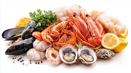 Assorted fresh seafood including shrimp, crab, mussels, oysters, and fish fillets, beautifully arranged with lemon slices and herbs, perfect for culinary presentationsの素材