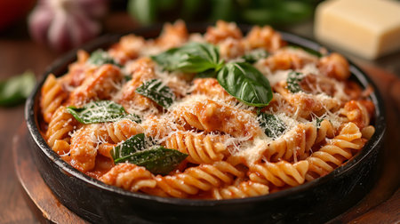 Spiral pasta dish garnished with fresh basil and cheese, presented in a rustic black bowl, highlighting the rich tomato sauce and inviting textures of the mealの素材