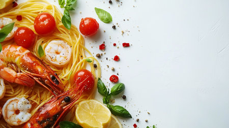 Plate of spaghetti featuring shrimp, cherry tomatoes, and fresh basil, elegantly presented on a white surface, providing a perfect backdrop for culinary creativityの素材