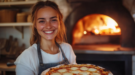 Happy female chef proudly presents delicious pizza in front of a warm wood-fired oven, highlighting her culinary expertise and the inviting atmosphere of the kitchenの素材