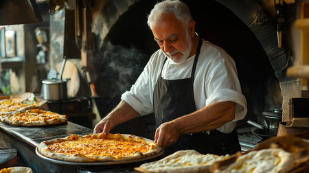 Experienced chef is preparing fresh pizza in a rustic kitchen, with baked goods and a warm atmosphere, highlighting culinary skills and passion for cookingの素材