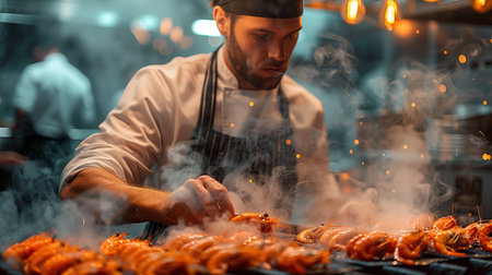 Chef is grilling shrimp in a bustling kitchen, with smoke rising and warm lights illuminating the scene, highlighting dedication to culinary artsの素材