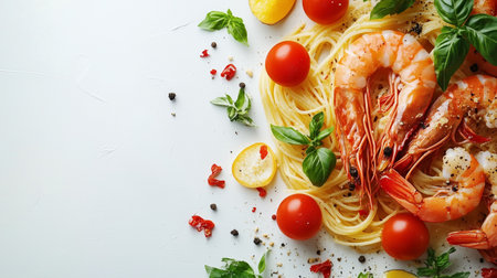 Plate of spaghetti adorned with succulent shrimp, vibrant cherry tomatoes, fresh basil, and lemon slices, creating a colorful and inviting seafood mealの素材