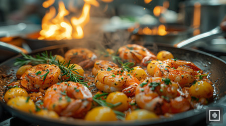 Delicious shrimp and potatoes are cooking in a pan, enhanced with herbs and spices, surrounded by flames and steam, creating a dynamic culinary sceneの素材