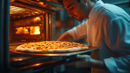 Chef in white attire is taking out a delicious pizza from the oven, highlighting the vibrant toppings and warm ambiance of a bustling kitchenの素材