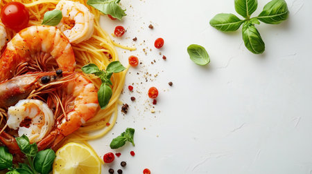 Delicious shrimp pasta dish with fresh basil, cherry tomatoes, and spices, elegantly arranged on a white plate, showcasing vibrant colors and appealing texturesの素材