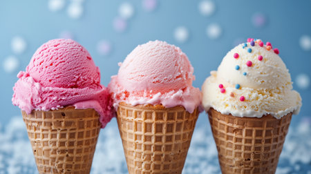 Three ice cream cones featuring pink, peach, and vanilla flavors with colorful sprinkles, arranged against a soft blue backdrop, creating a delightful summer atmosphereの素材