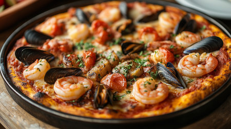 Seafood pizza featuring shrimp and mussels, garnished with fresh herbs, presented on a rustic wooden table, highlighting the vibrant colors and inviting texturesの素材