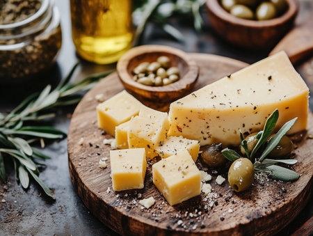 Assorted cheese cubes arranged on a wooden board with green olives and fresh herbs, complemented by olive oil and spices, creating a gourmet food sceneの素材