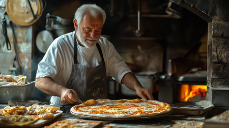 Senior chef, with gray hair, is preparing pizza in a rustic kitchen, surrounded by baked goods, highlighting traditional cooking methods and culinary passionの素材