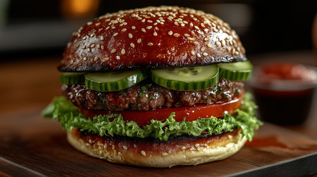 Gourmet hamburger features a sesame seed bun, fresh lettuce, tomato, and pickles, beautifully arranged on a wooden board, highlighting appetizing food stylingの素材