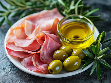 A beautifully arranged platter of sliced cured meats, green olives, and olive oil, garnished with fresh herbs, creating an inviting and flavorful culinary displayの素材