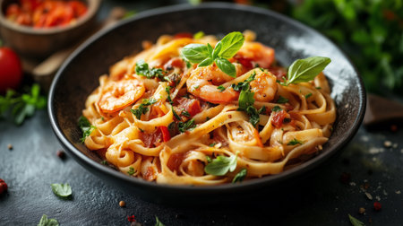 Shrimp fettuccine pasta beautifully presented in a rustic bowl, garnished with fresh herbs and tomatoes, highlighting the vibrant colors and textures of the dishの素材