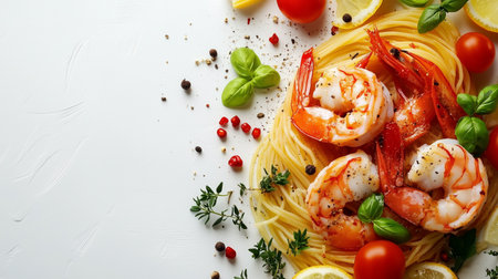 Delicious shrimp pasta dish with prawns, basil, tomatoes, and lemon, artistically arranged on a white plate, highlighting fresh ingredients and vibrant presentationの素材