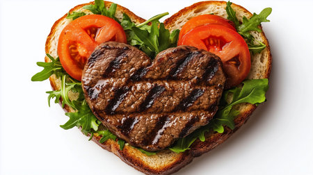 Heart-shaped grilled steak on toasted bread, garnished with fresh greens and tomato slices, showcasing a unique and romantic culinary creationの素材