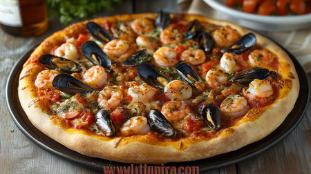 Seafood pizza featuring shrimp and mussels, beautifully garnished with fresh herbs, presented on a rustic wooden table, highlighting its delicious appealの素材