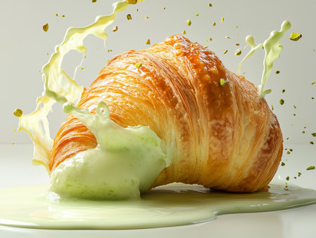 Croissant with rich green cream filling is splashing on a clean surface, with pistachio pieces scattered around, creating a vibrant and enticing food sceneの素材