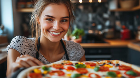 Young female chef is holding a delicious pizza in a cozy kitchen, filled with vibrant ingredients and a welcoming ambiance, highlighting her passion for cookingの素材