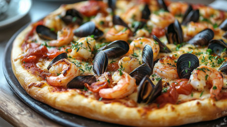 Seafood pizza featuring shrimp and mussels, garnished with fresh herbs, presented on a wooden platter, highlighting vibrant colors and inviting textures for food loversの素材