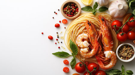 Seafood dish showcases large shrimp atop spaghetti, with cherry tomatoes, garlic, and herbs, creating a colorful and appetizing culinary sceneの素材