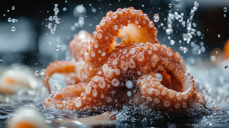 Detailed view of a colorful octopus in water, with droplets splashing around, highlighting its unique textures and the dynamic nature of ocean environmentsの素材