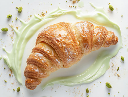 Croissant beautifully arranged on a white plate with green sauce and cardamom pods, highlighting the texture and flavors of this exquisite pastry creationの素材