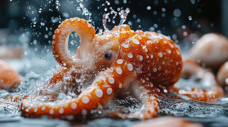 Colorful octopus is creating splashes in water, highlighting its distinctive patterns and fluid motion, surrounded by a captivating aquatic settingの素材
