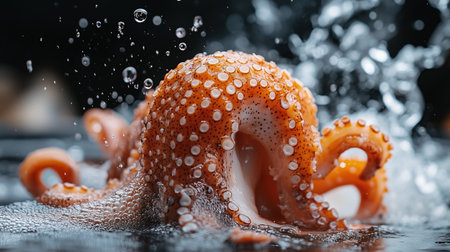 Orange octopus rises from water, creating splashes and bubbles, highlighting its unique textures and fluid motion in a captivating underwater sceneの素材