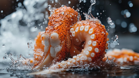 Orange octopus surfaces from water, creating splashes and droplets, highlighting its unique texture and vibrant color in a lively underwater sceneの素材