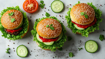 Three appetizing burgers featuring sesame seed buns, fresh vegetables, and sauces are beautifully arranged on a light surface, highlighting culinary artistry and freshnessの素材