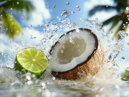 Coconut and lime splash in clear water, surrounded by lush tropical leaves, evoking a refreshing summer atmosphere with vibrant colors and lively energyの素材