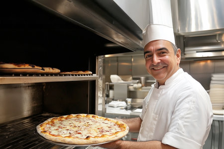 Male chef proudly presents freshly baked pizza in a bustling kitchen, highlighting culinary expertise and the vibrant atmosphere of food preparation and serviceの素材