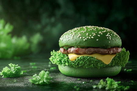 Innovative green burger featuring sesame seed bun, fresh lettuce, and cheese, displayed on dark surface with scattered greens, highlighting modern food trendsの素材