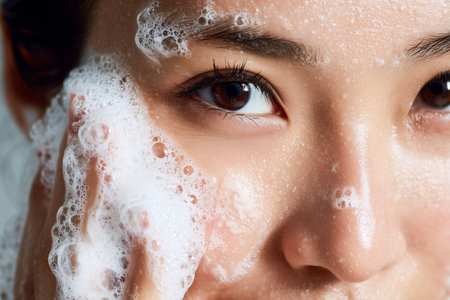 Portrait of an Asian woman washing her face with cleansing foam, representing skincare, freshness, and daily beauty care.の素材