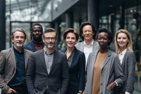 Professional business conversation between coworkers,business professionals, a man and a woman, standing outside a modern office building and having a conversation. The image represents teamwork, communication, and professional collaboration.の素材