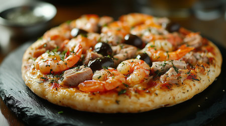 Seafood pizza features shrimp, tuna, and olives, garnished with herbs, served on a slate plate, highlighting the vibrant colors and appetizing presentationの素材