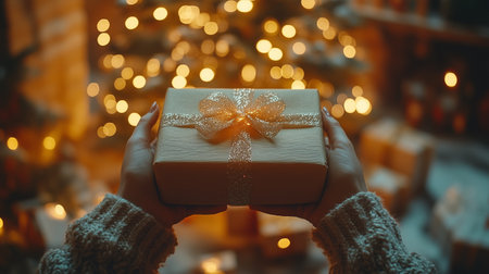 Gift box held in hands, adorned with a sparkling ribbon, set against a cozy backdrop of twinkling lights and holiday decorations creating a joyful ambianceの素材