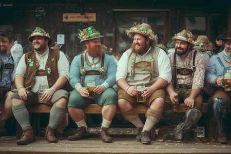 Men in traditional clothing are seated on a wooden bench, enjoying drinks and laughter, creating a lively atmosphere of celebration and friendshipの素材