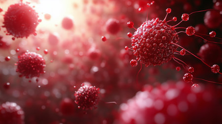 Red virus particles are depicted in an abstract illustration, floating in a blurred background, highlighting their intricate details and textures, symbolizing infection and diseaseの素材
