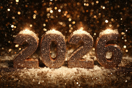 Golden numbers 2026 with glowing candles, set against a backdrop of sparkling bokeh lights, creating a festive and celebratory ambianceの素材