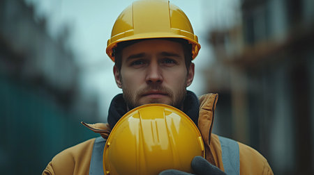 Male construction worker in yellow hard hat and jacket, holding helmet, stands at construction site, showcasing commitment and professionalism in the building environmentの素材