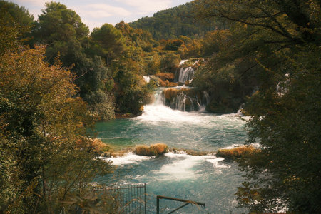 Cascading waterfalls and turquoise pools in Croatian national parkの写真素材
