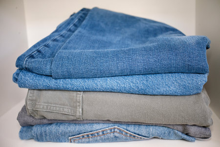 Neatly folded stack of denim jeans and casual pants on white shelfの写真素材
